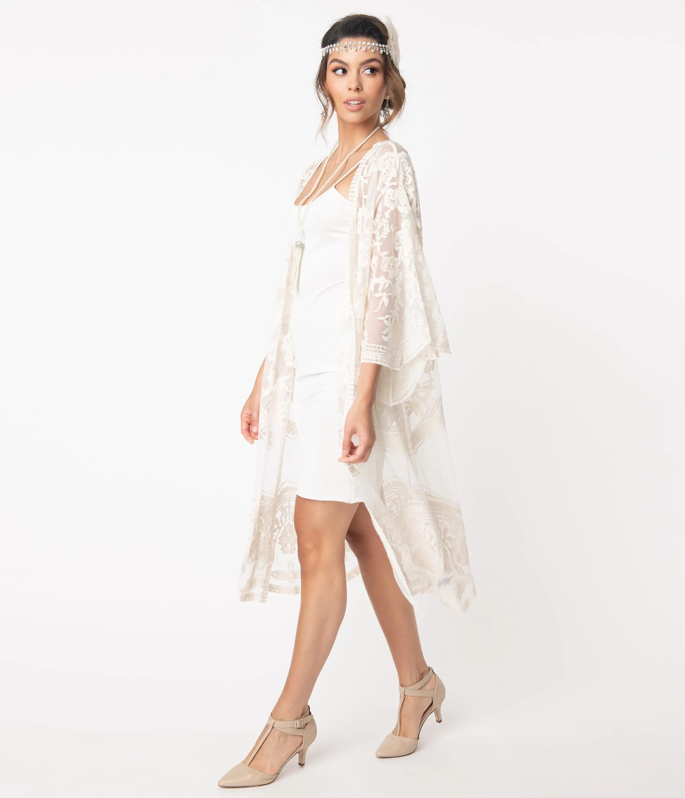 1920s Style Cream Crochet Lace Kimono