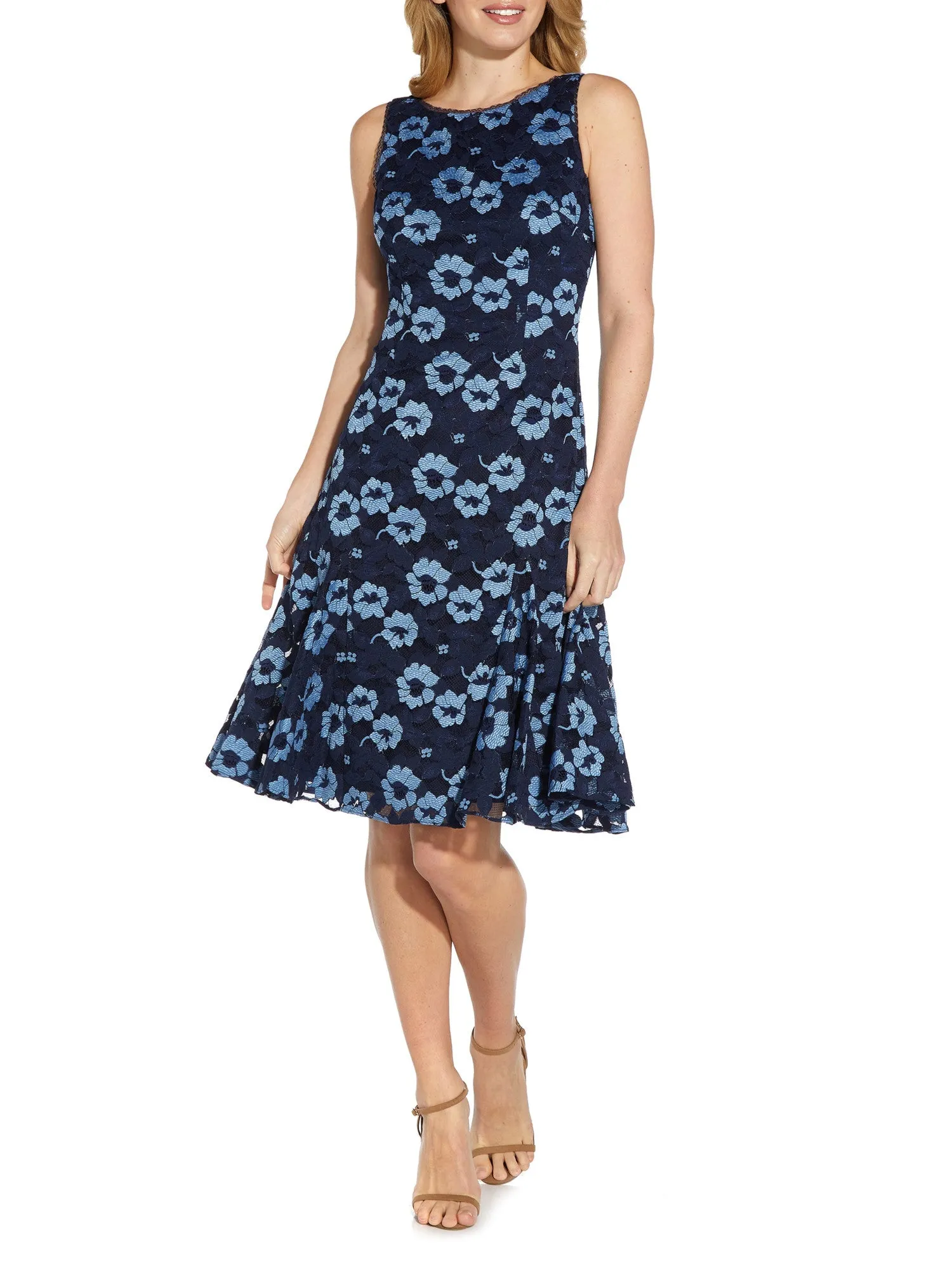 ADRIANNA PAPELL Womens Lace Floral Sleeveless Jewel Neck Above The Knee Party Fit   Flare Dress