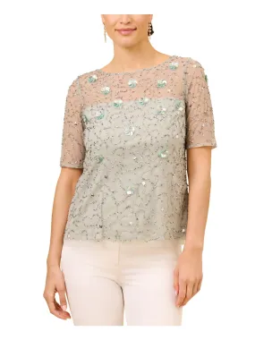 ADRIANNA PAPELL Womens Light Blue Embellished Zippered Lined Elbow Sleeve Boat Neck Party Top