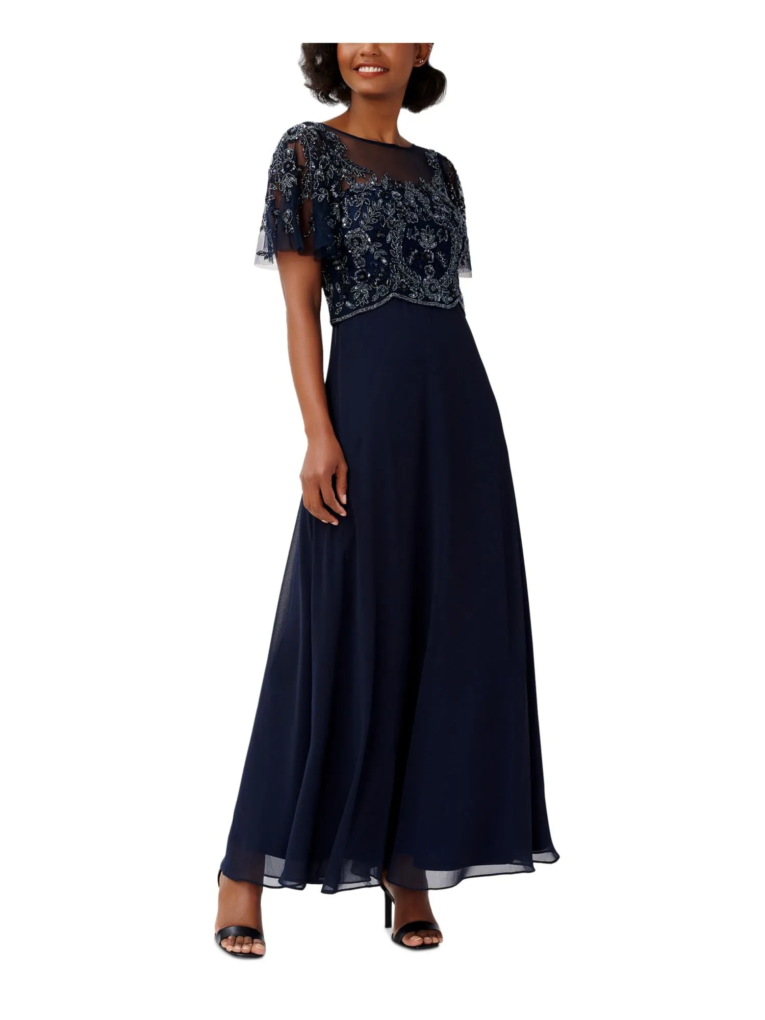 ADRIANNA PAPELL Womens Navy Embellished Scalloped V-back Zippered Lined Flutter Sleeve Boat Neck Maxi Evening Gown Dress