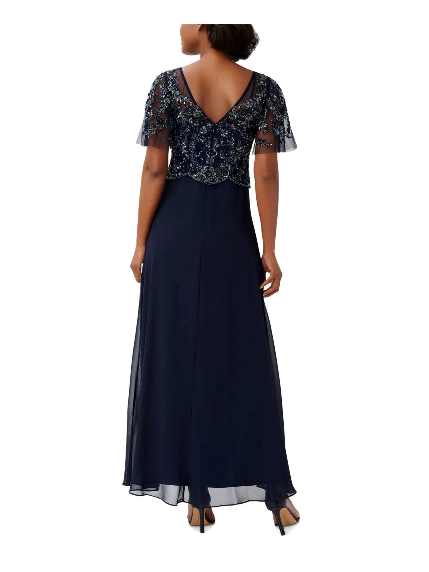 ADRIANNA PAPELL Womens Navy Embellished Scalloped V-back Zippered Lined Flutter Sleeve Boat Neck Maxi Evening Gown Dress