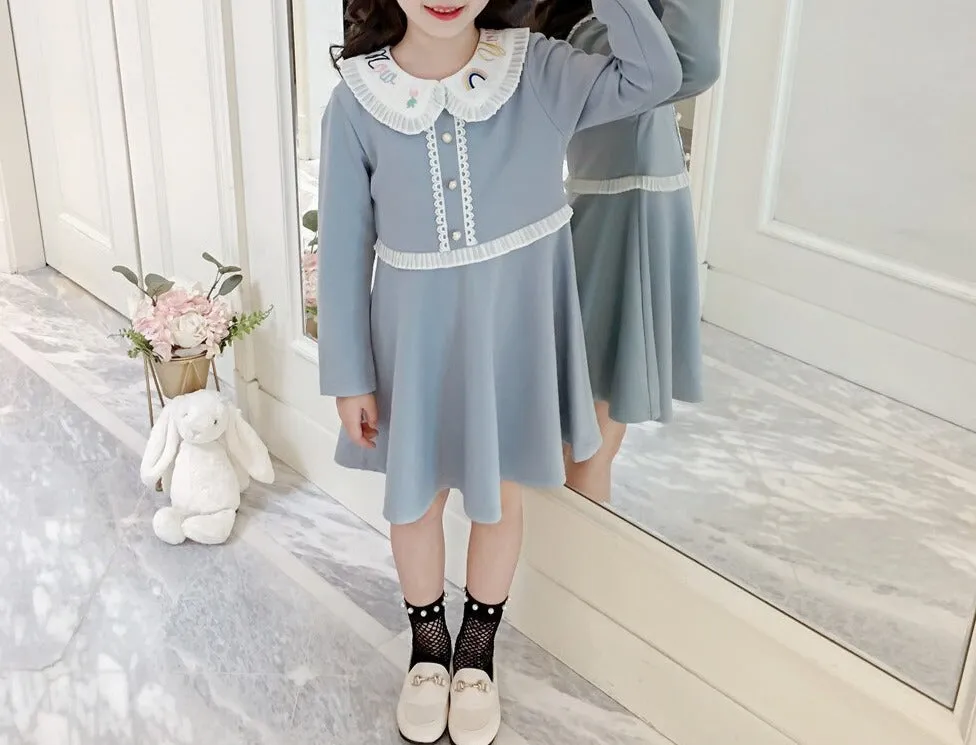 Autumn Long Sleeve Dress for Girls Toddler Light Blue Cotton Dresses Fashion Children's Clothing Spring Girls Princess Dress