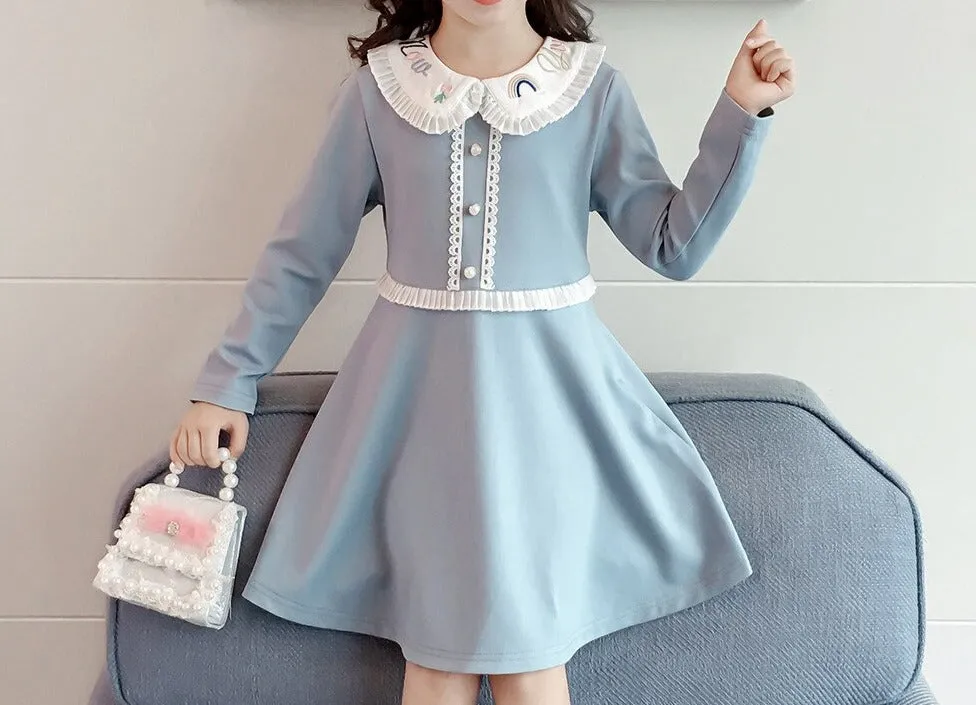 Autumn Long Sleeve Dress for Girls Toddler Light Blue Cotton Dresses Fashion Children's Clothing Spring Girls Princess Dress