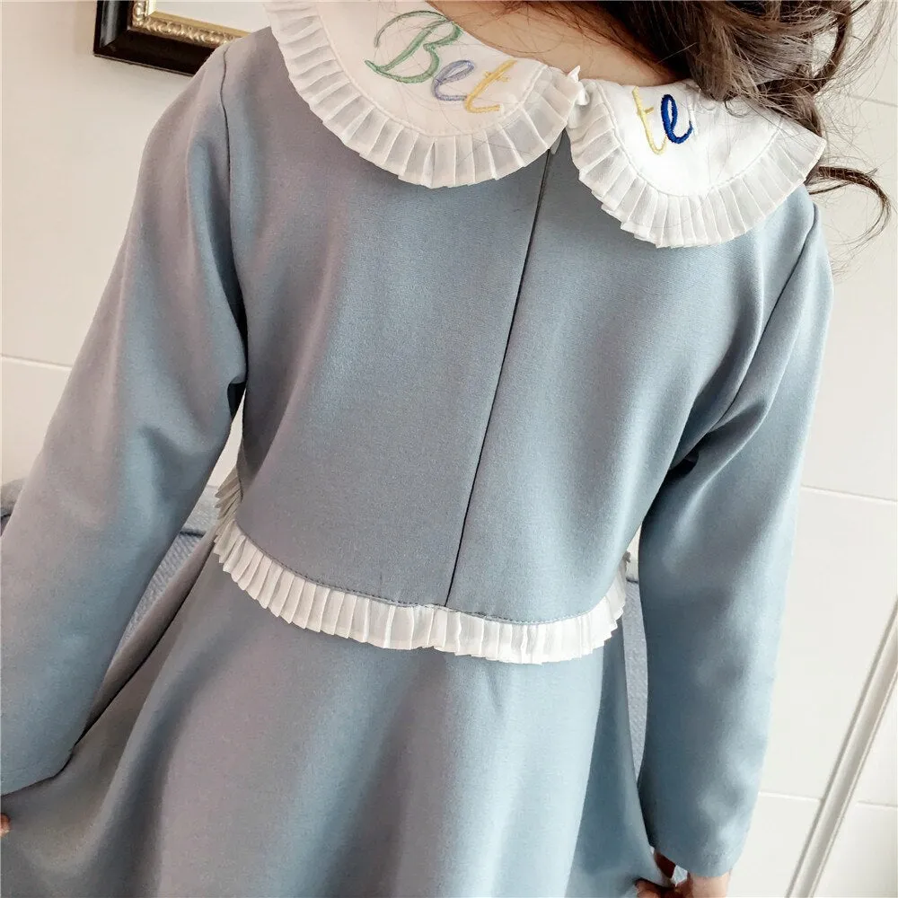 Autumn Long Sleeve Dress for Girls Toddler Light Blue Cotton Dresses Fashion Children's Clothing Spring Girls Princess Dress