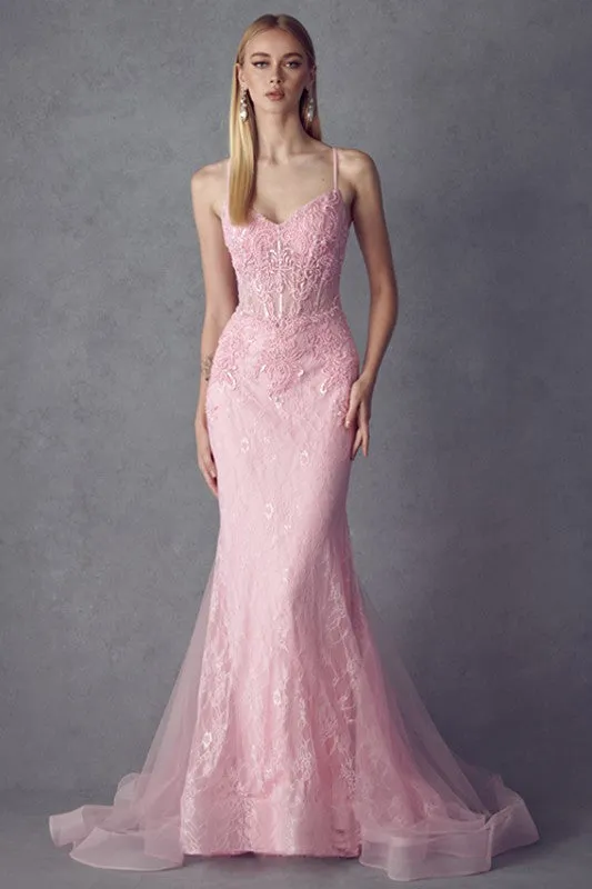 Baby Pink Embellished Lace Mermaid Dress