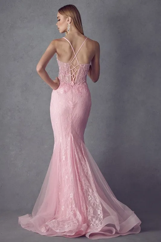 Baby Pink Embellished Lace Mermaid Dress