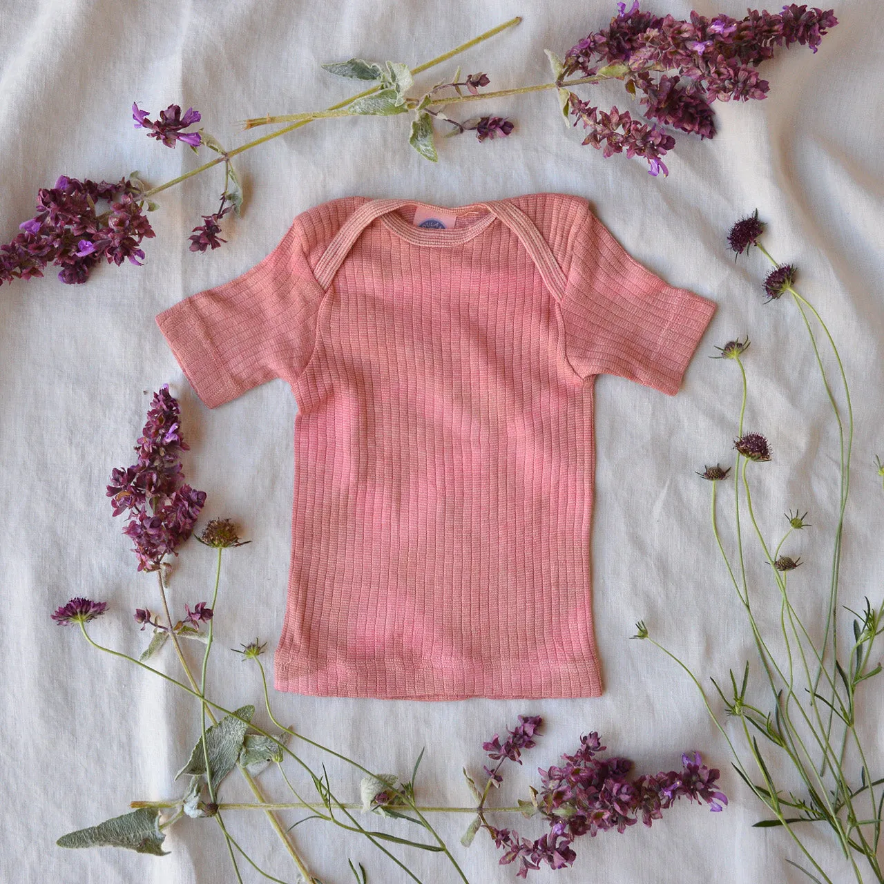 Baby Plant Dyed T-Shirt in Organic Cotton/Merino/Silk - Ochre Rose (3-24m)