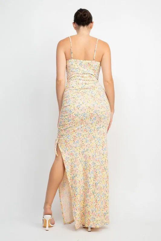 Baby Yellow Floral Slit Ruched Maxi Dress