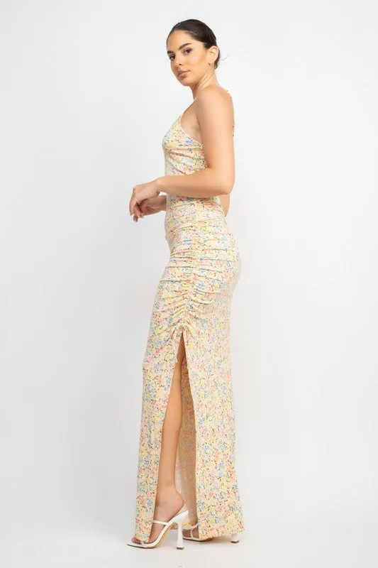 Baby Yellow Floral Slit Ruched Maxi Dress