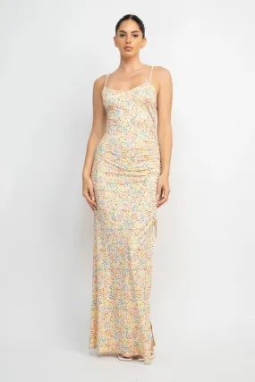 Baby Yellow Floral Slit Ruched Maxi Dress