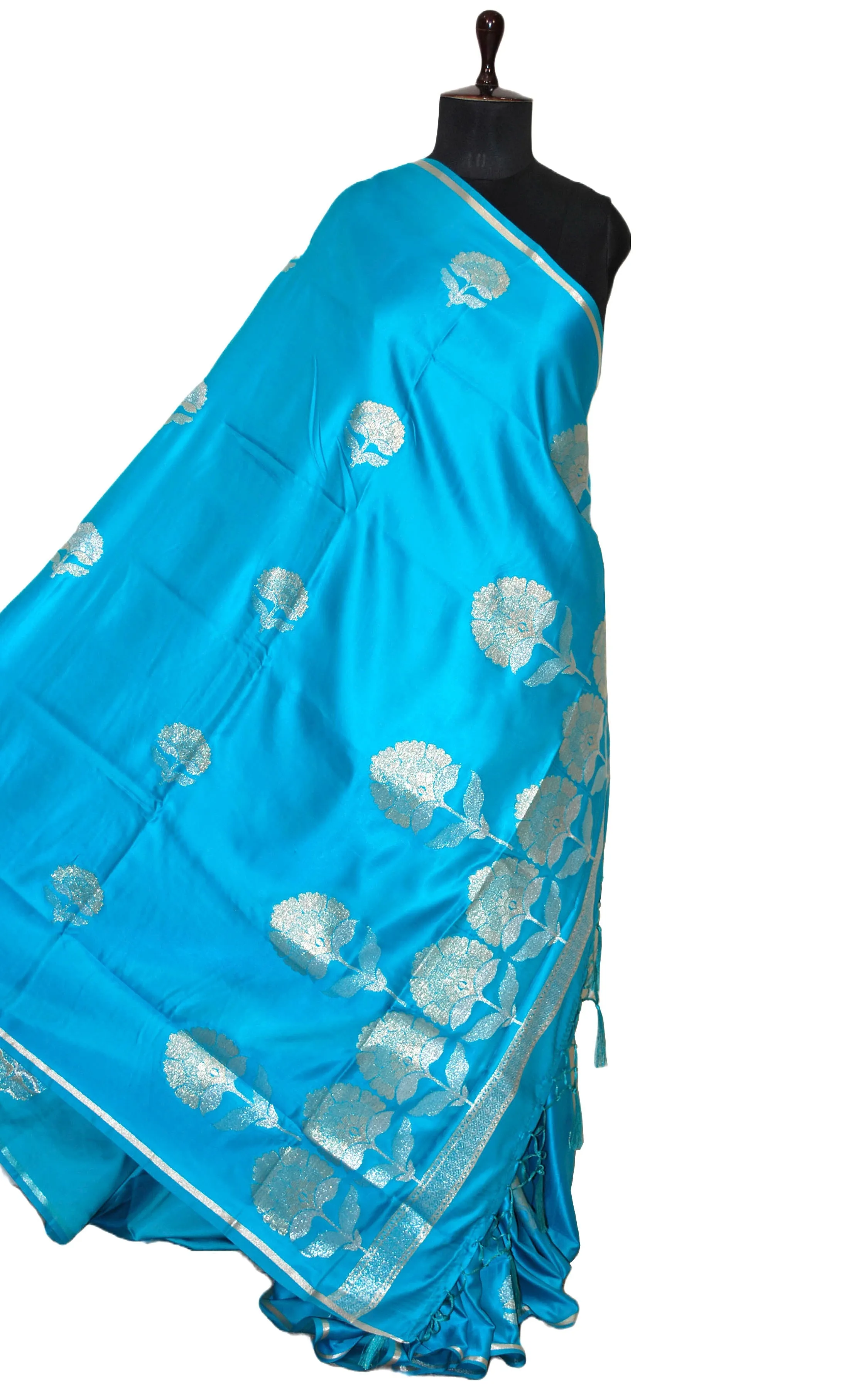 Blended Poth Katan Soft Silk Saree in Pastel Blue and Antique Silver Zari Work