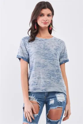 Blue Short Folded Sleeve Round Neck Relaxed Fit T-Shirt Top /1-2-1