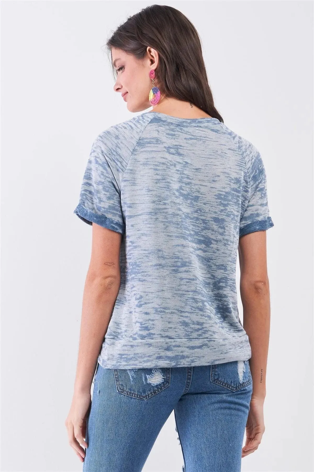 Blue Short Folded Sleeve Round Neck Relaxed Fit T-Shirt Top /1-2-1