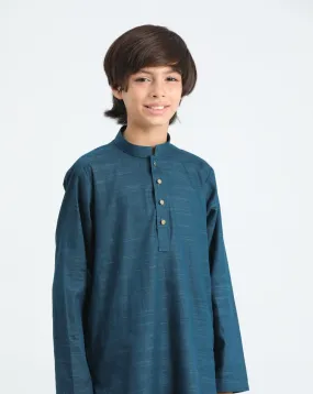 Blue Textured Cotton Kurta Trouser - Kids