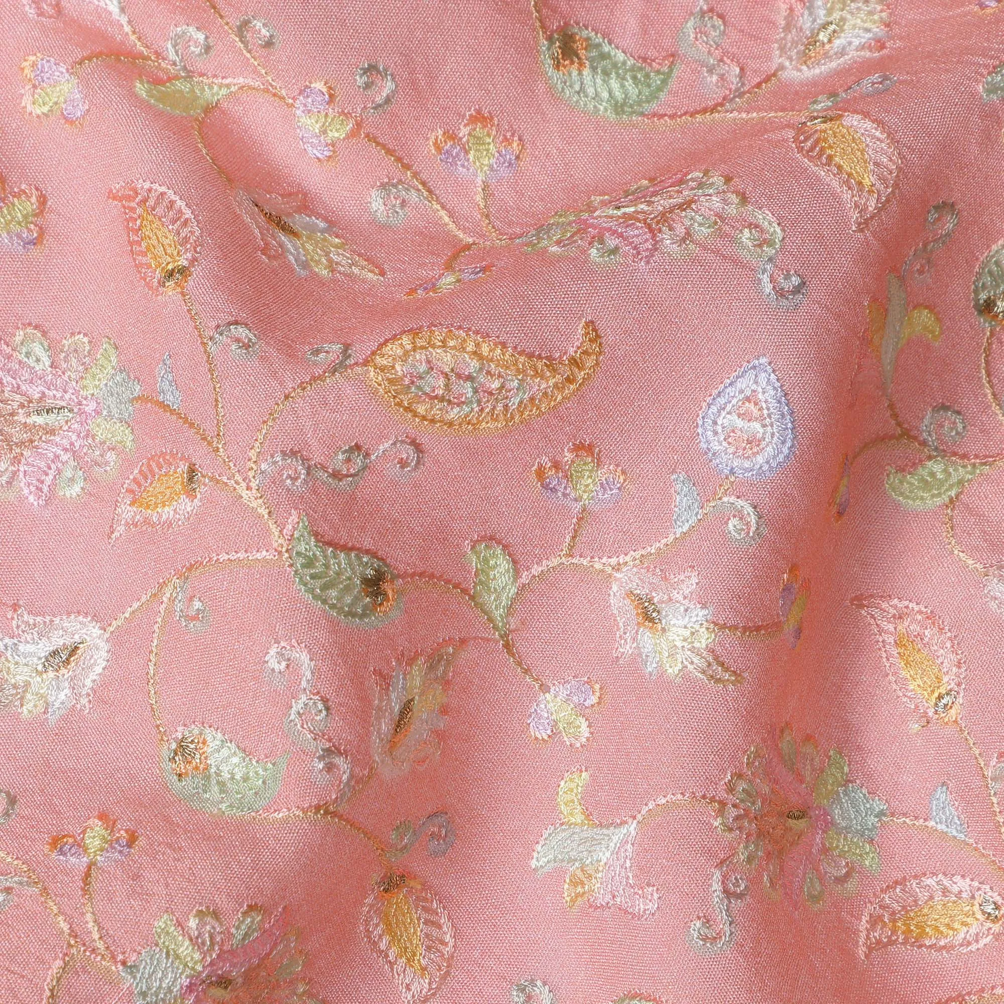 Blush Peach Indian Tussar Silk Fabric with Embroidery, Paisley & Floral Design, 110 cm Width-D20943