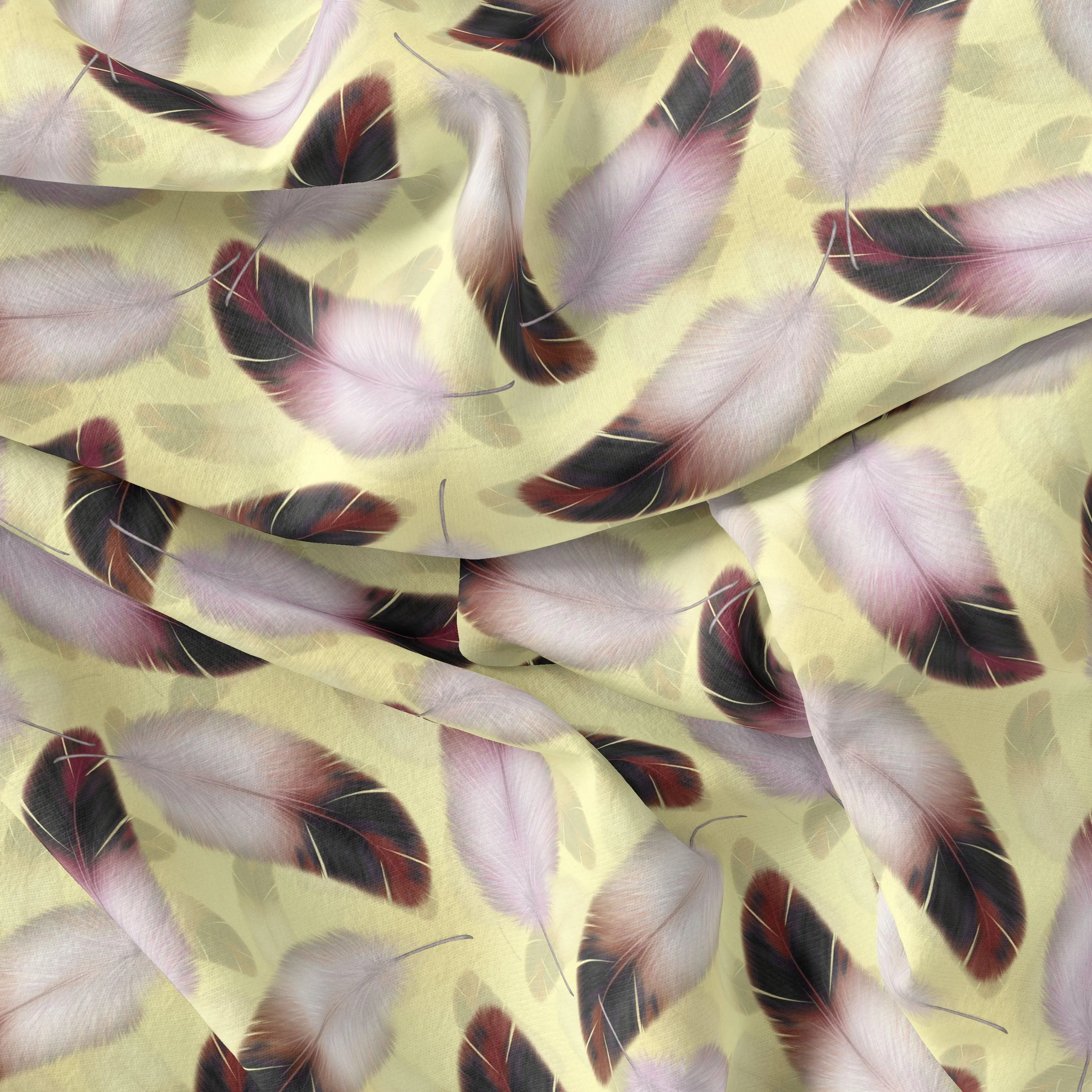 Brown Feather With pastel Yellow Background Digital Printed Fabric - Weightless