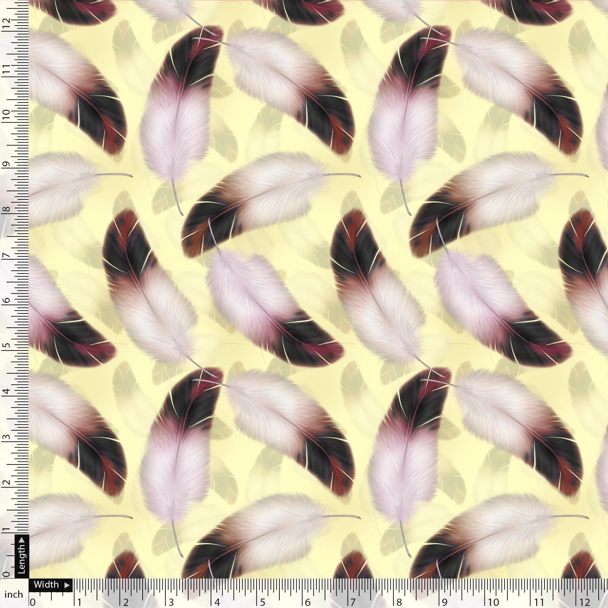 Brown Feather With pastel Yellow Background Digital Printed Fabric - Weightless