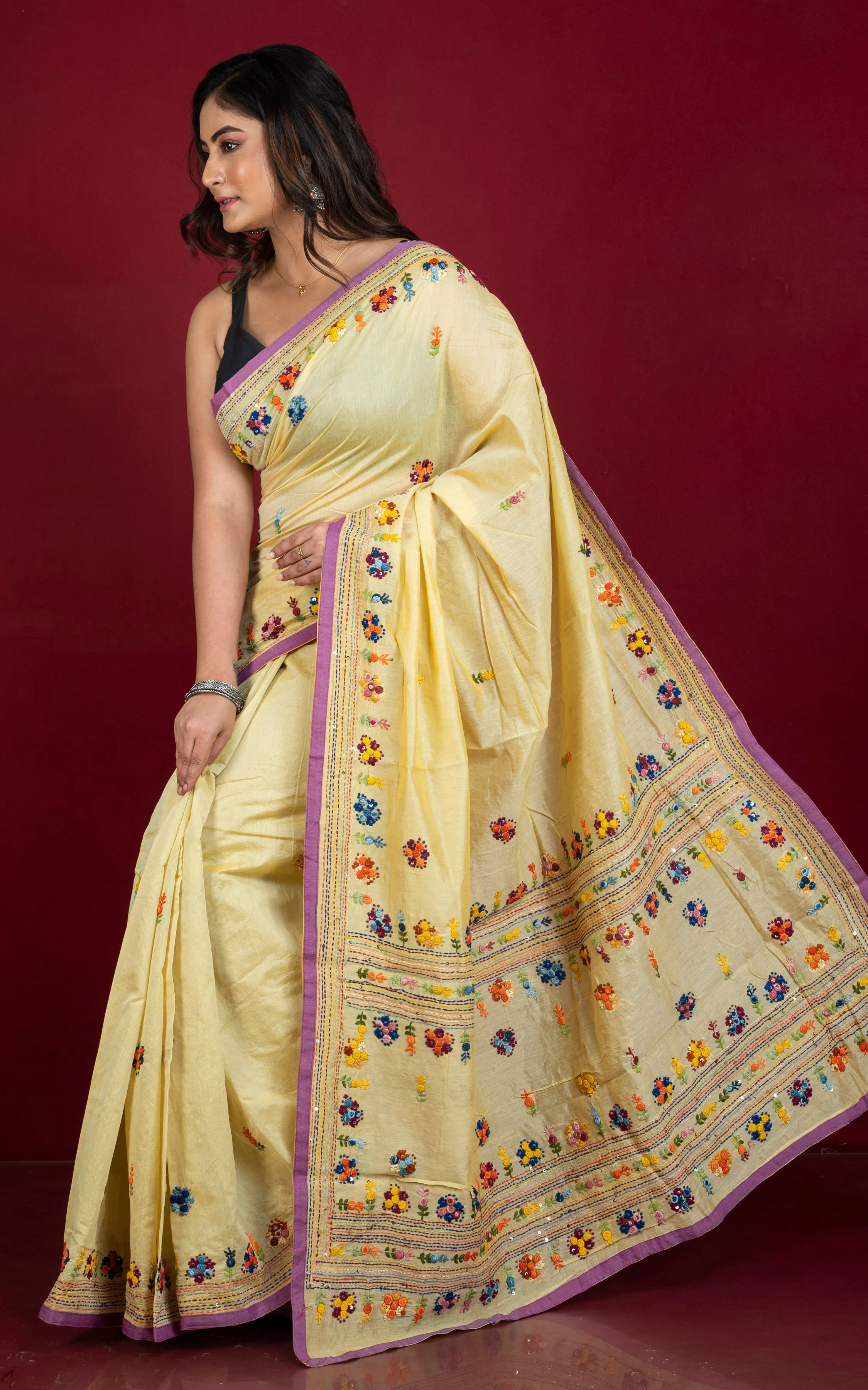 Bullion Stitch Knot Hand Work on Soft Cotton Chanderi Saree in Pastel Yellow, Purple and Multicolored Thread Work