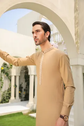 Camel Kurta Trouser - Collar Neck Embroidered - Men