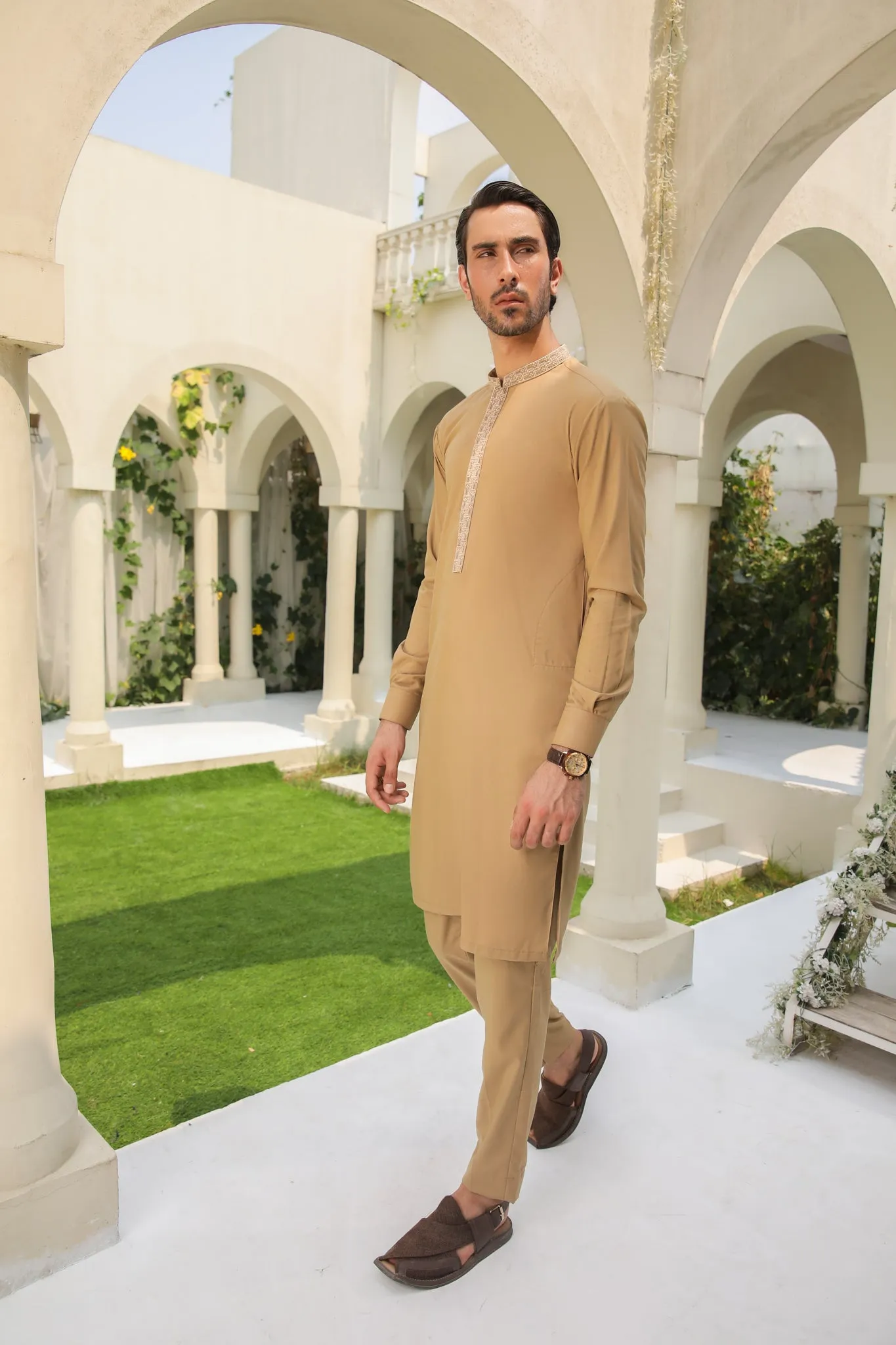 Camel Kurta Trouser - Collar Neck Embroidered - Men