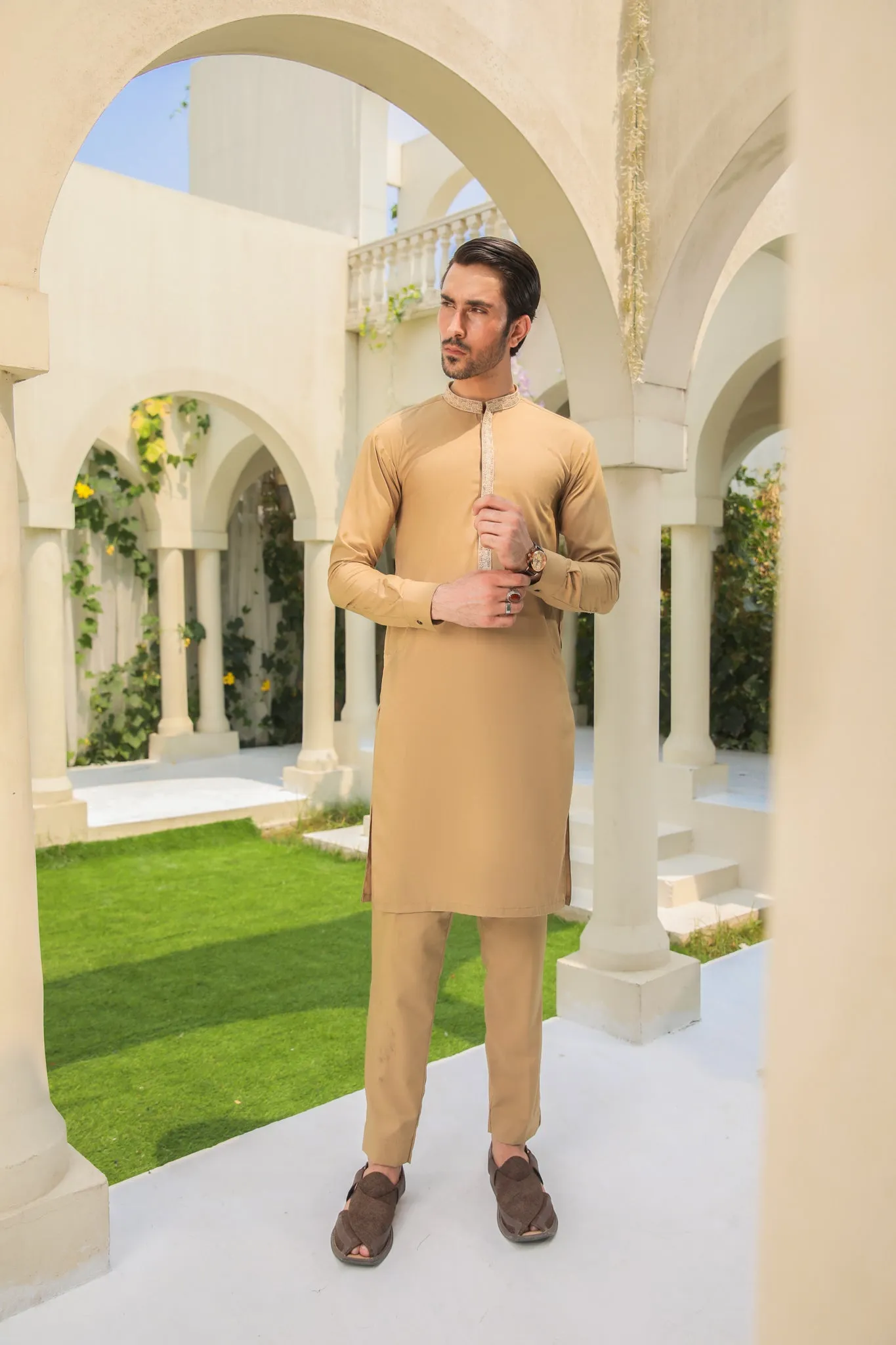 Camel Kurta Trouser - Collar Neck Embroidered - Men