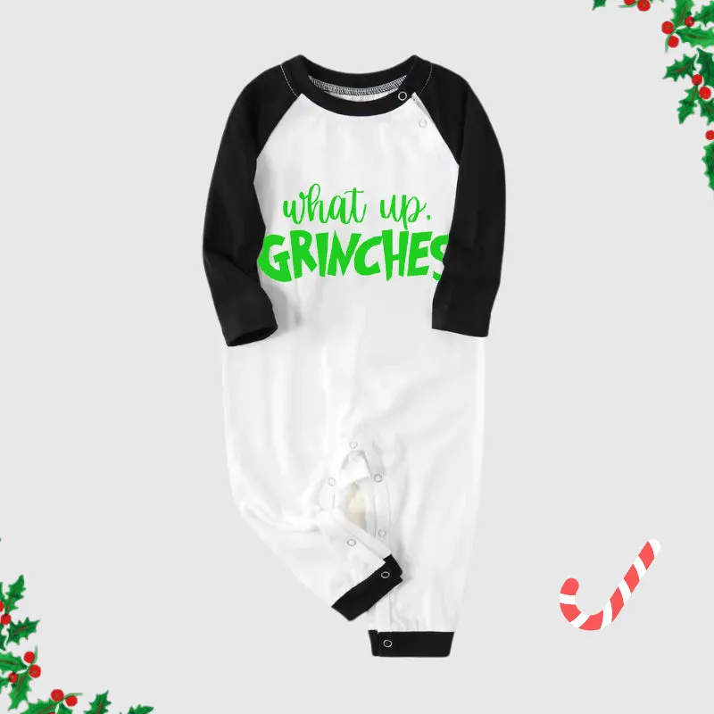 Christmas Cute Cartoon Face and 'What Up' Letter Print Casual Long Sleeve Sweatshirts Black Contrast Top and Black and Green Plaid Pants Family Matching Pajamas Sets