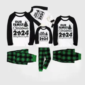 Christmas Tree & "2024 Making Memories Together" Patterned Black Sleeve Contrast Tops and and Black and Green Plaid Pants Family Matching Pajamas Sets With Dog Bandana