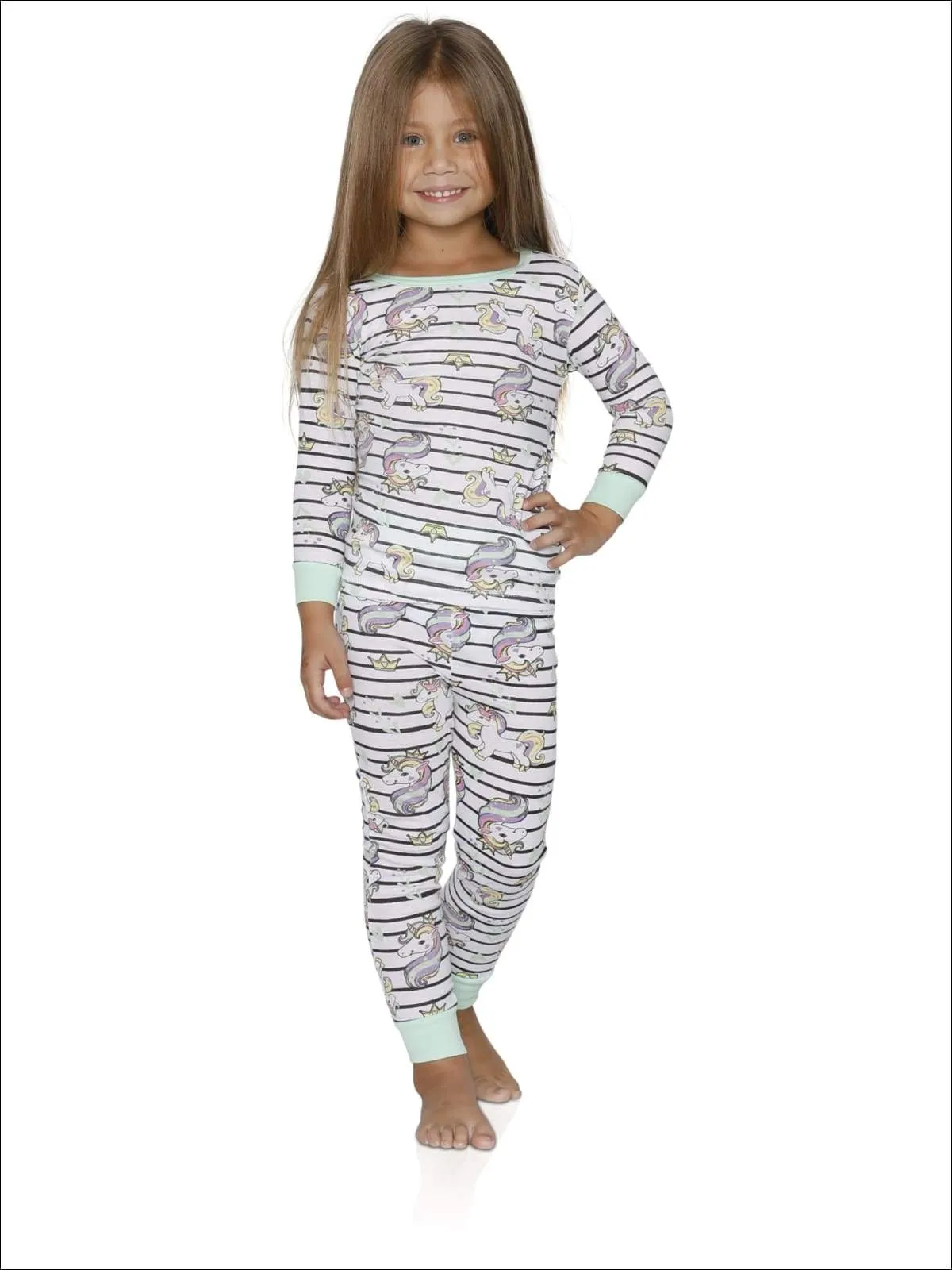 Cozy Couture Big Girls' Rainbow Unicorns White Cotton Pajamas