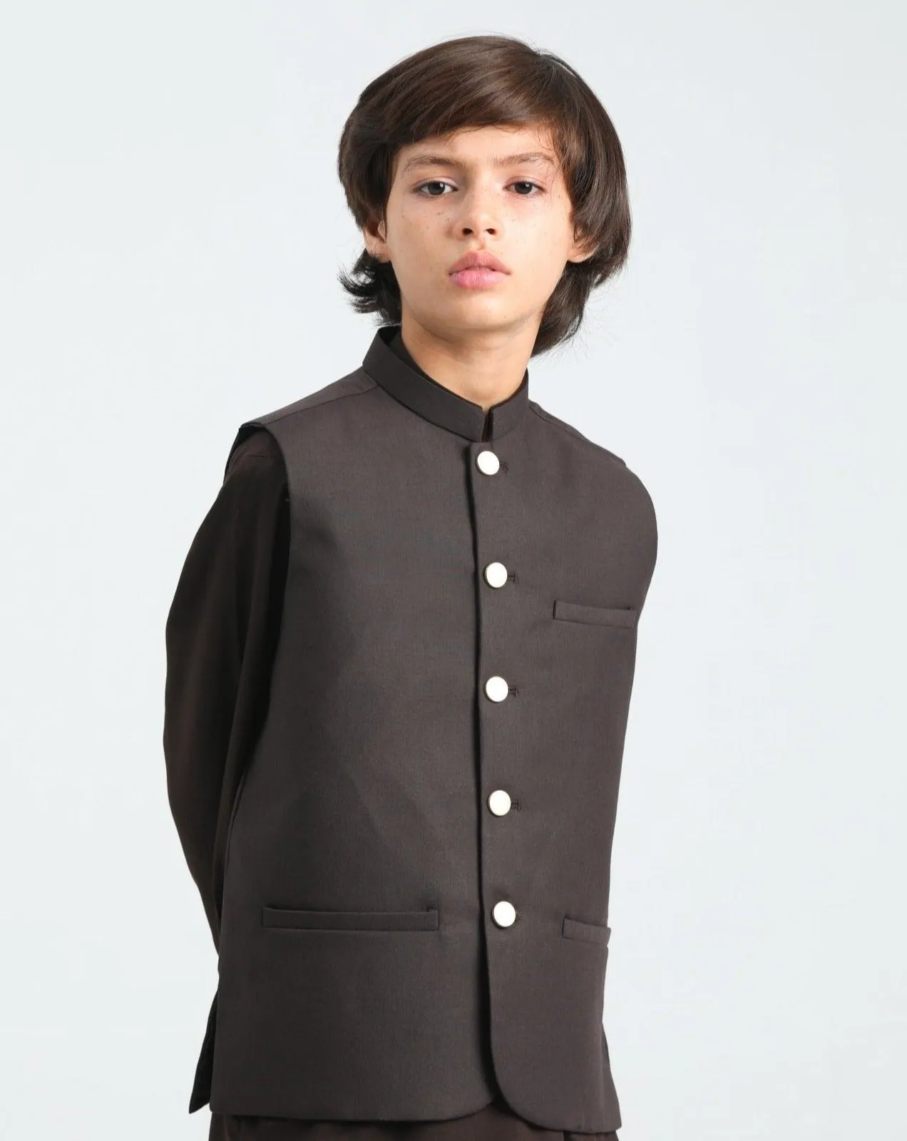 Dark Brown Kurta Trouser with Suiting Waistcoat - Kids