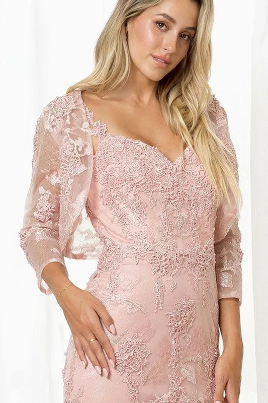 Dusty Rose Lace Fit And Flare Gown With Bolero