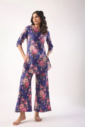 Floral Bouquet on Indigo Cotton Palazzo Loungewear Set