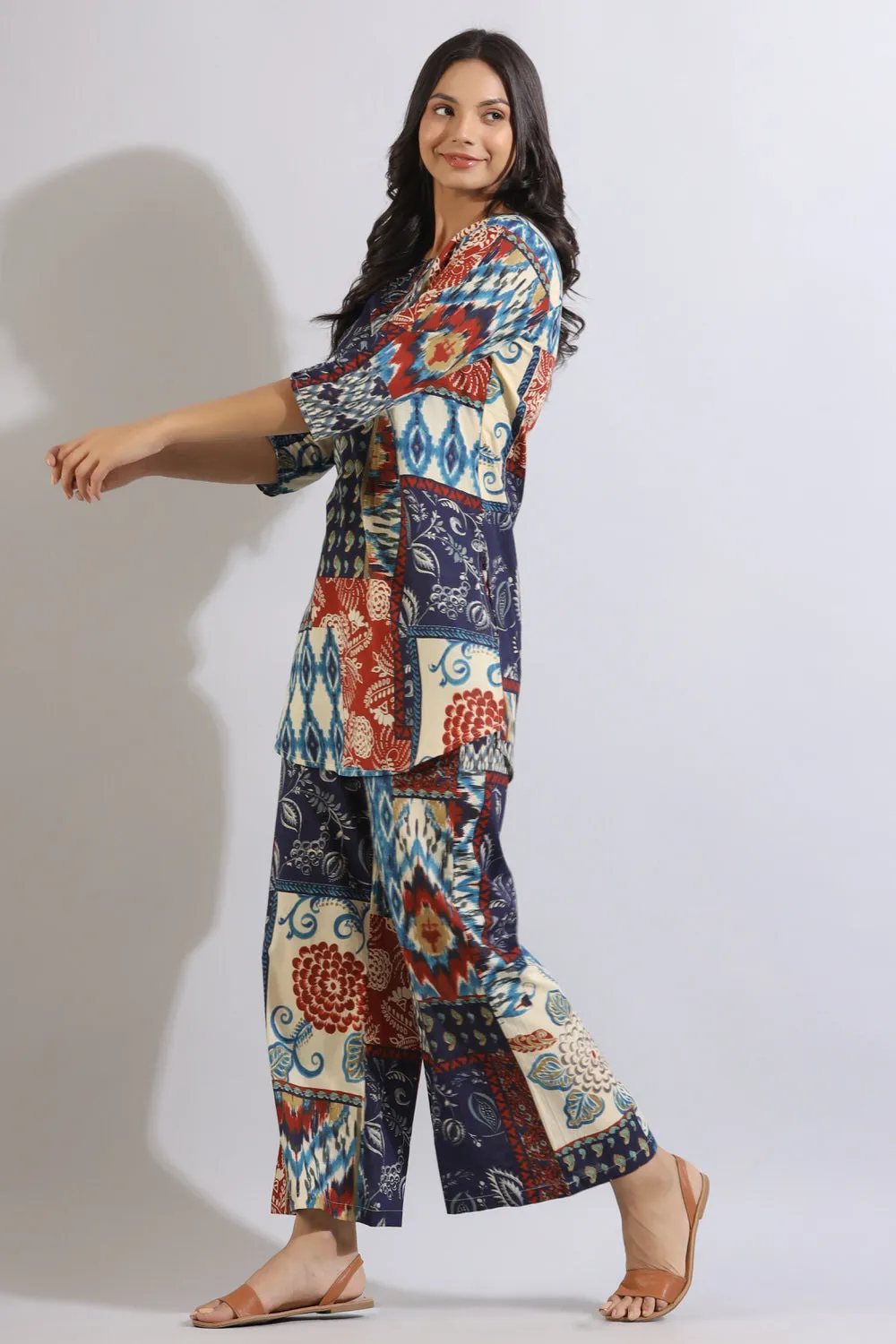 Floral Patches on Cotton Palazzo Loungewear Set