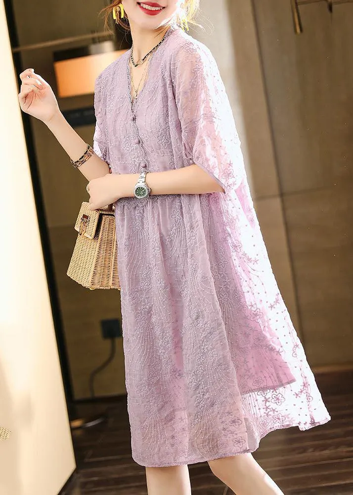 Handmade Light Purple V Neck Embroideried Lace Dresses Summer