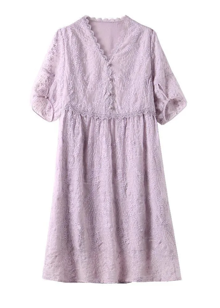 Handmade Light Purple V Neck Embroideried Lace Dresses Summer