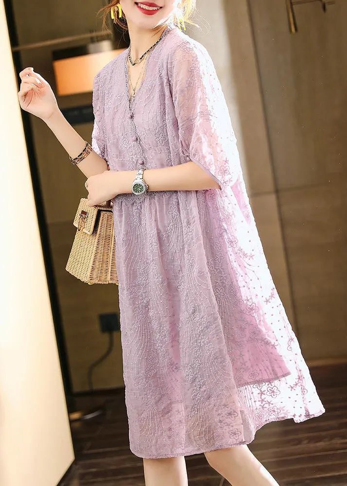 Handmade Light Purple V Neck Embroideried Lace Dresses Summer