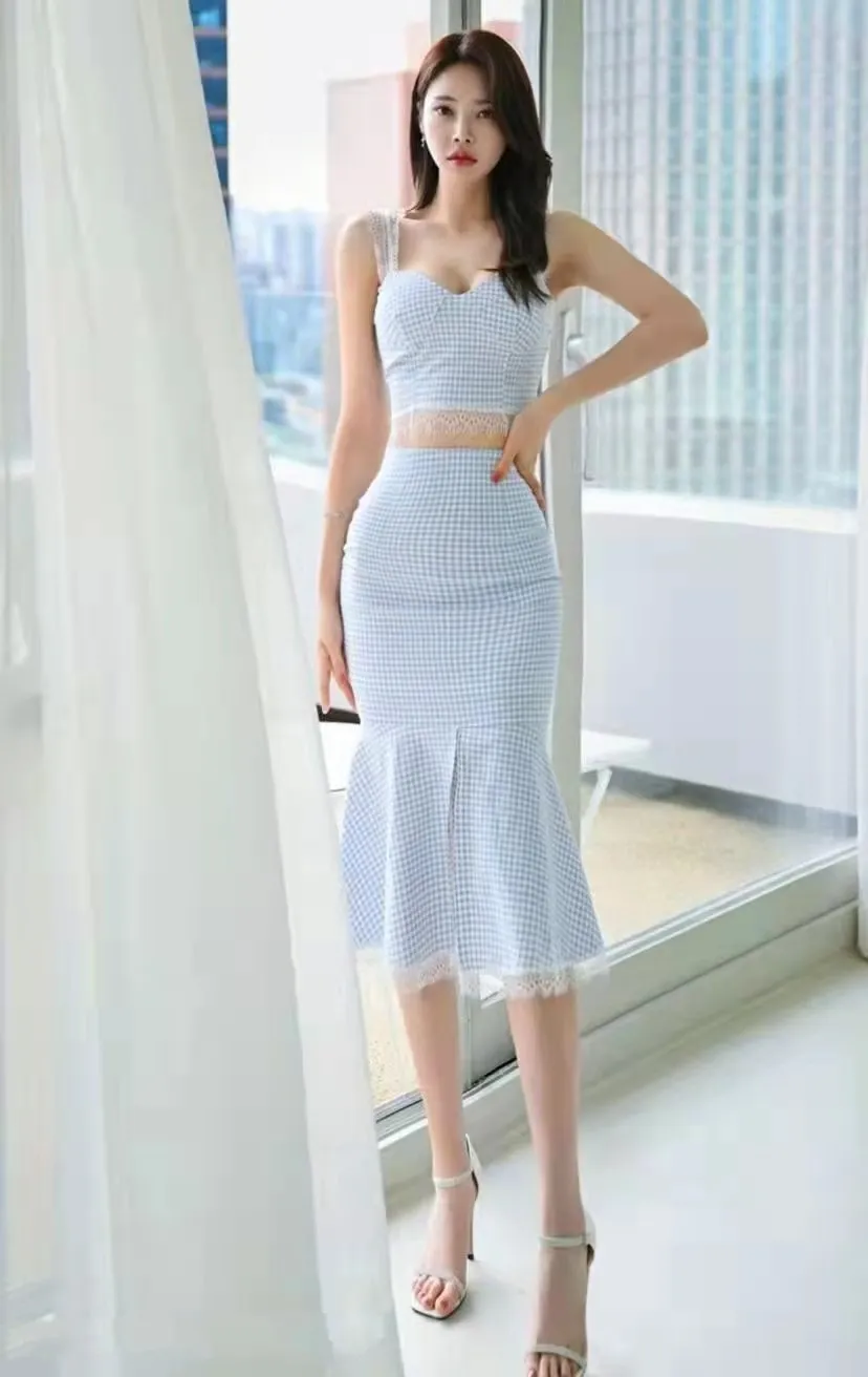 Lace Pastel Gingham Sleeveless Crop Top
