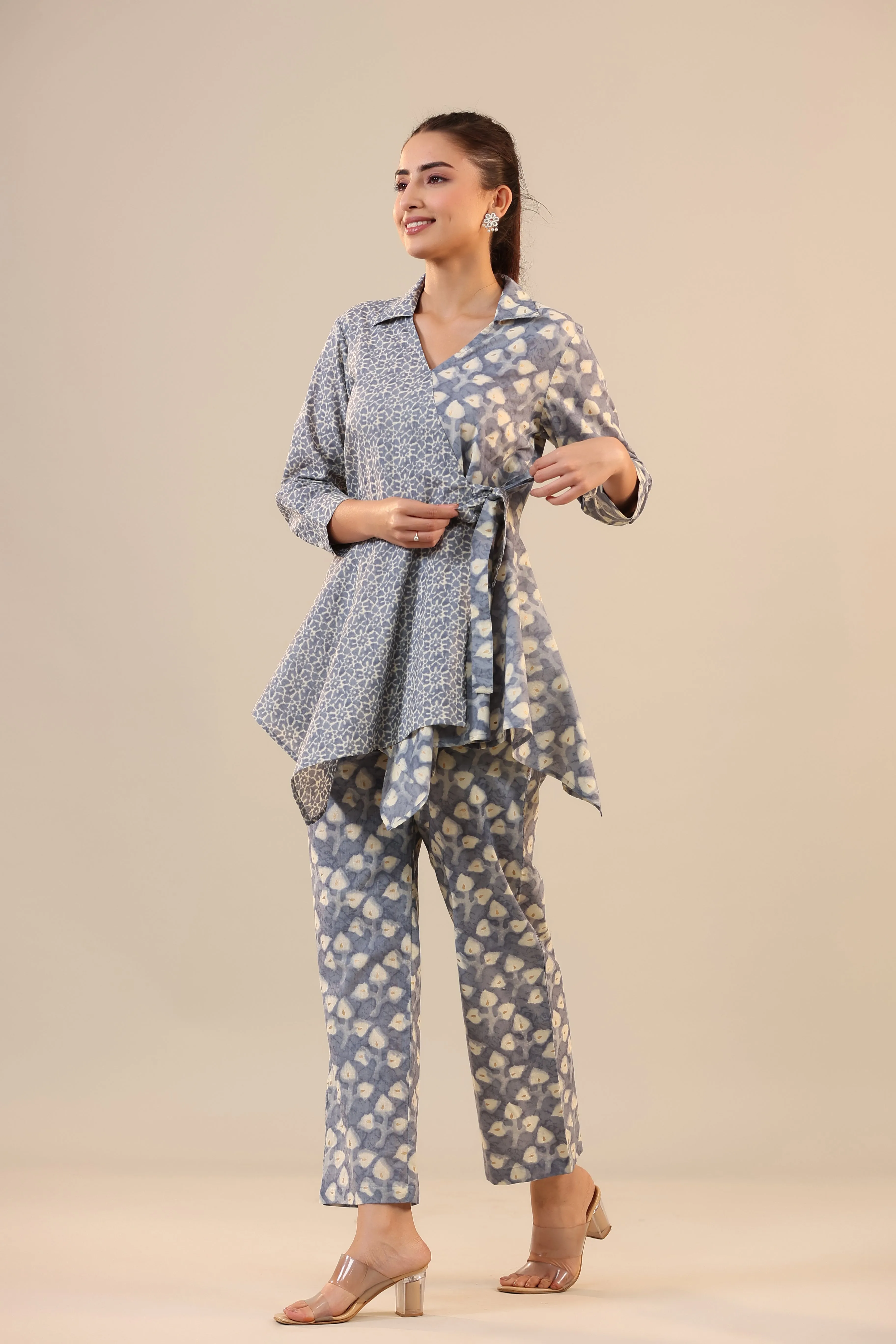 Light Blue Batik Knot Cotton Loungewear Set