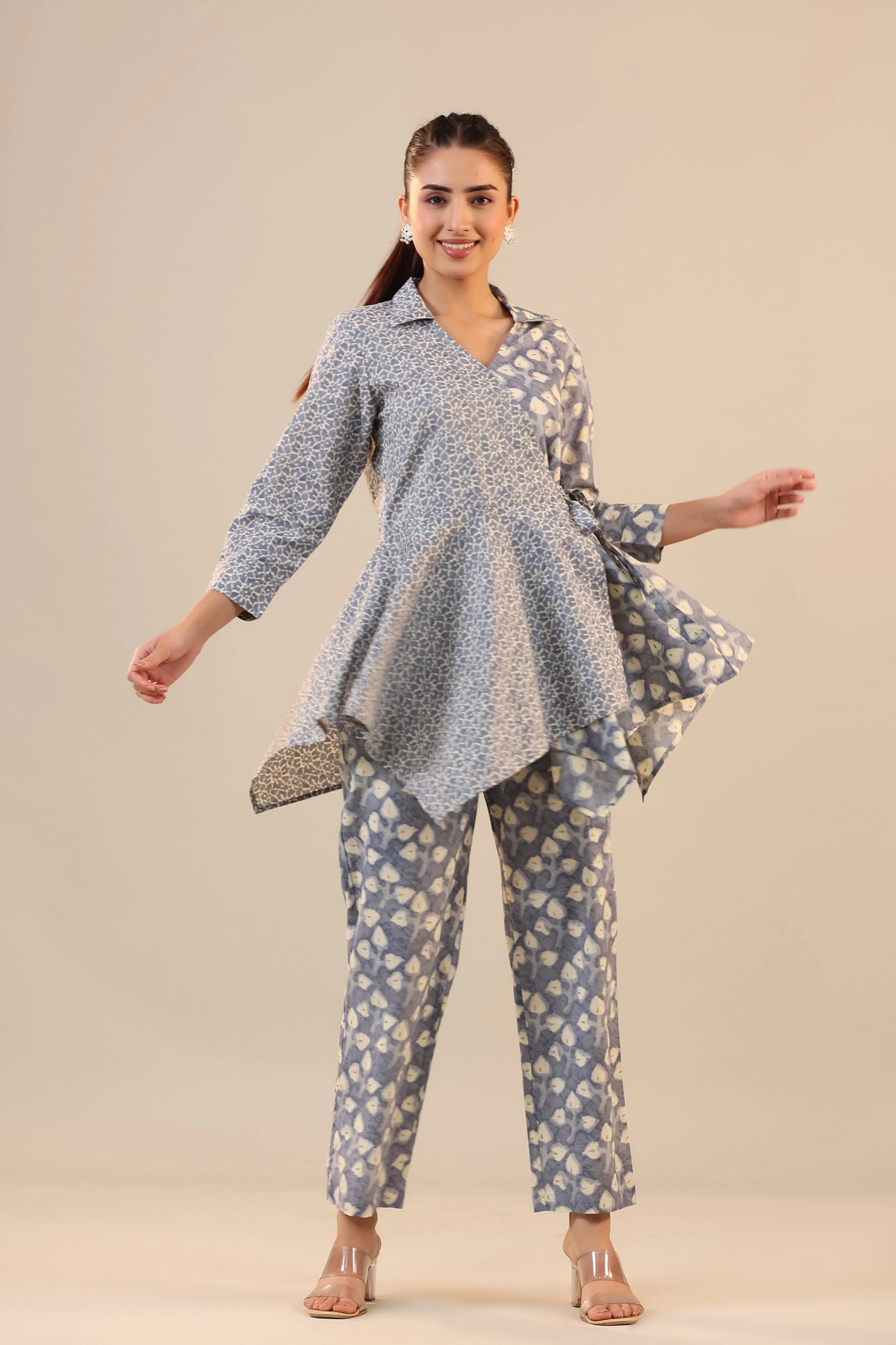 Light Blue Batik Knot Cotton Loungewear Set