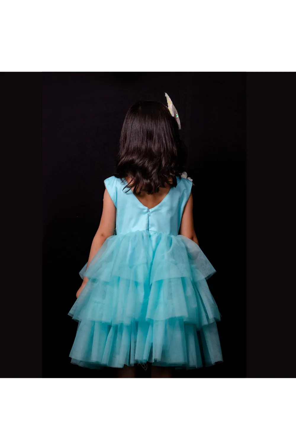 Light Blue Flower Detailing Net Frill Dress