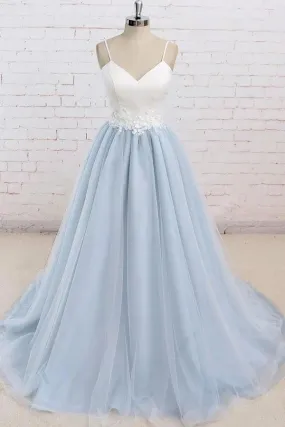 Light Blue Tulle Simple Spaghetti Straps Sweep Train Backless Prom Dress, SP631