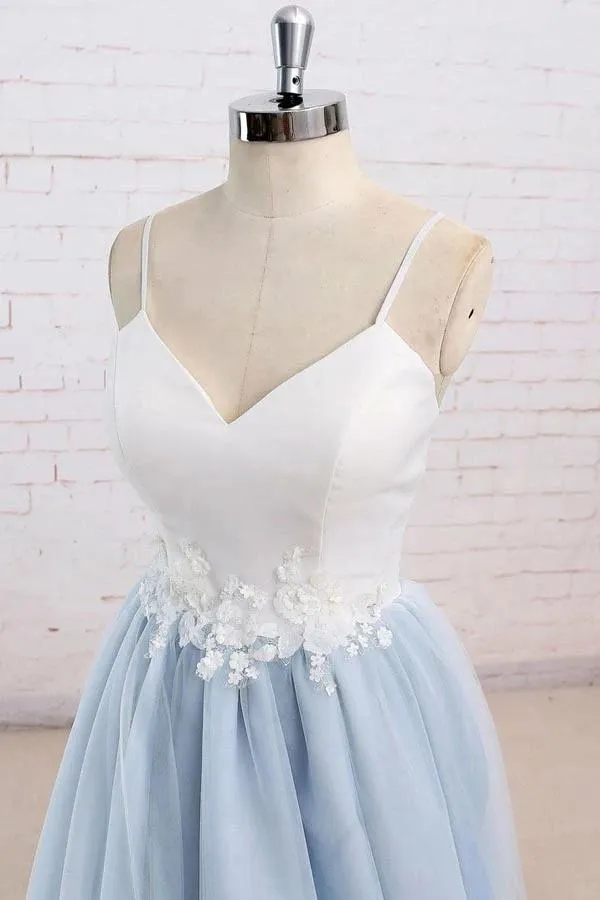 Light Blue Tulle Simple Spaghetti Straps Sweep Train Backless Prom Dress, SP631