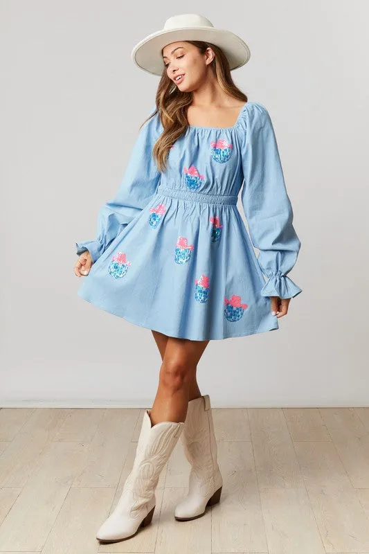 Light Denim Long Puff Sleeve Dress