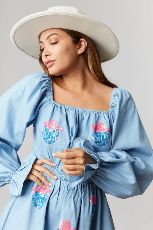 Light Denim Long Puff Sleeve Dress