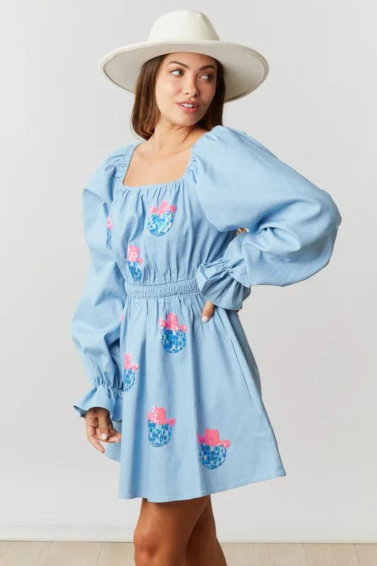 Light Denim Long Puff Sleeve Dress