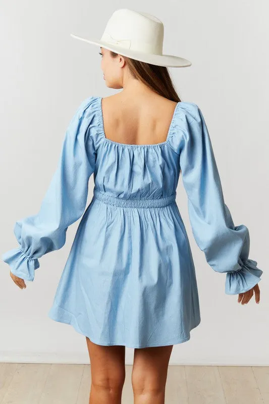 Light Denim Long Puff Sleeve Dress