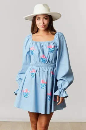 Light Denim Long Puff Sleeve Dress