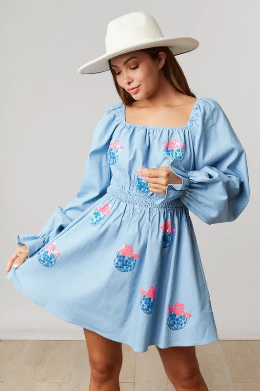 Light Denim Long Puff Sleeve Dress