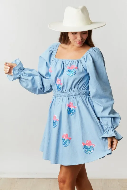 Light Denim Long Puff Sleeve Dress