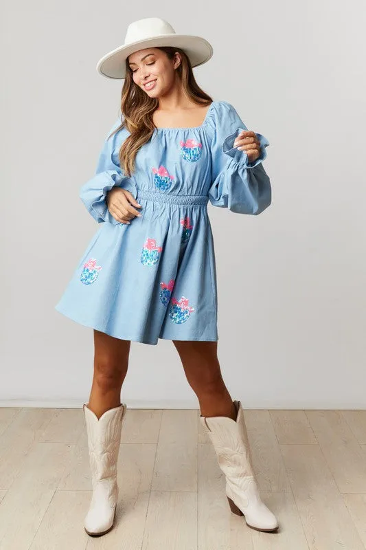 Light Denim Long Puff Sleeve Dress