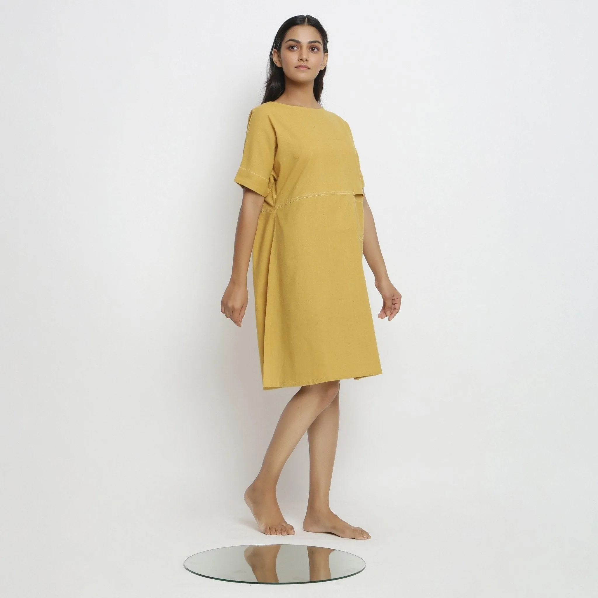 Light Yellow Handspun Cotton Knee Length Yoked Dress